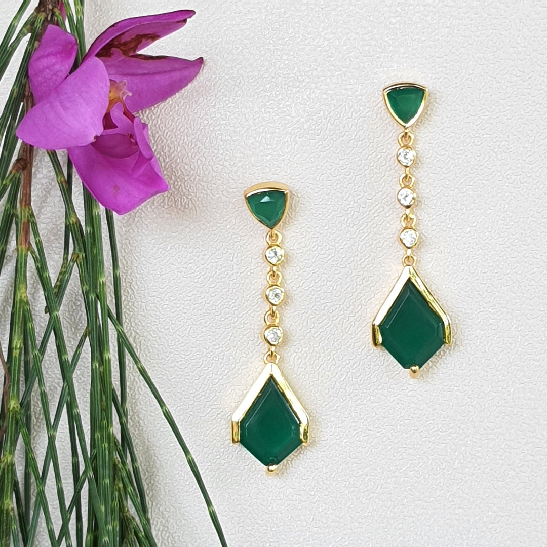 925 sterling silver gold plated earrings with green onyx and white topaz gemstones.