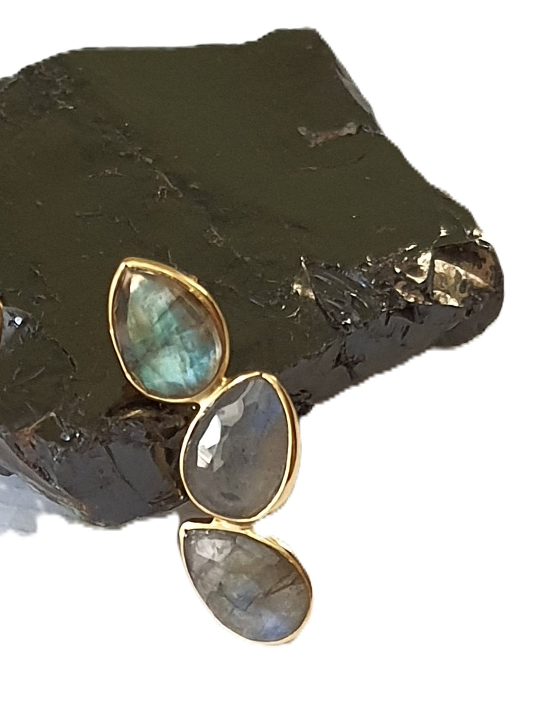 Close-up of yellow-gold plated 92.5 sterling silver earrings with labradorite gemstones, highlighting the intricate detailing.