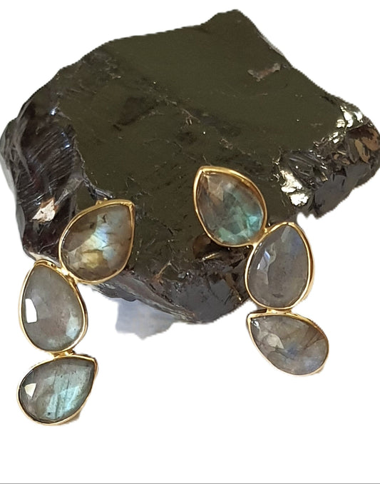 Labradorite gemstone earrings crafted in 92.5 sterling silver with yellow-gold plating, featuring a sleek elegant design.