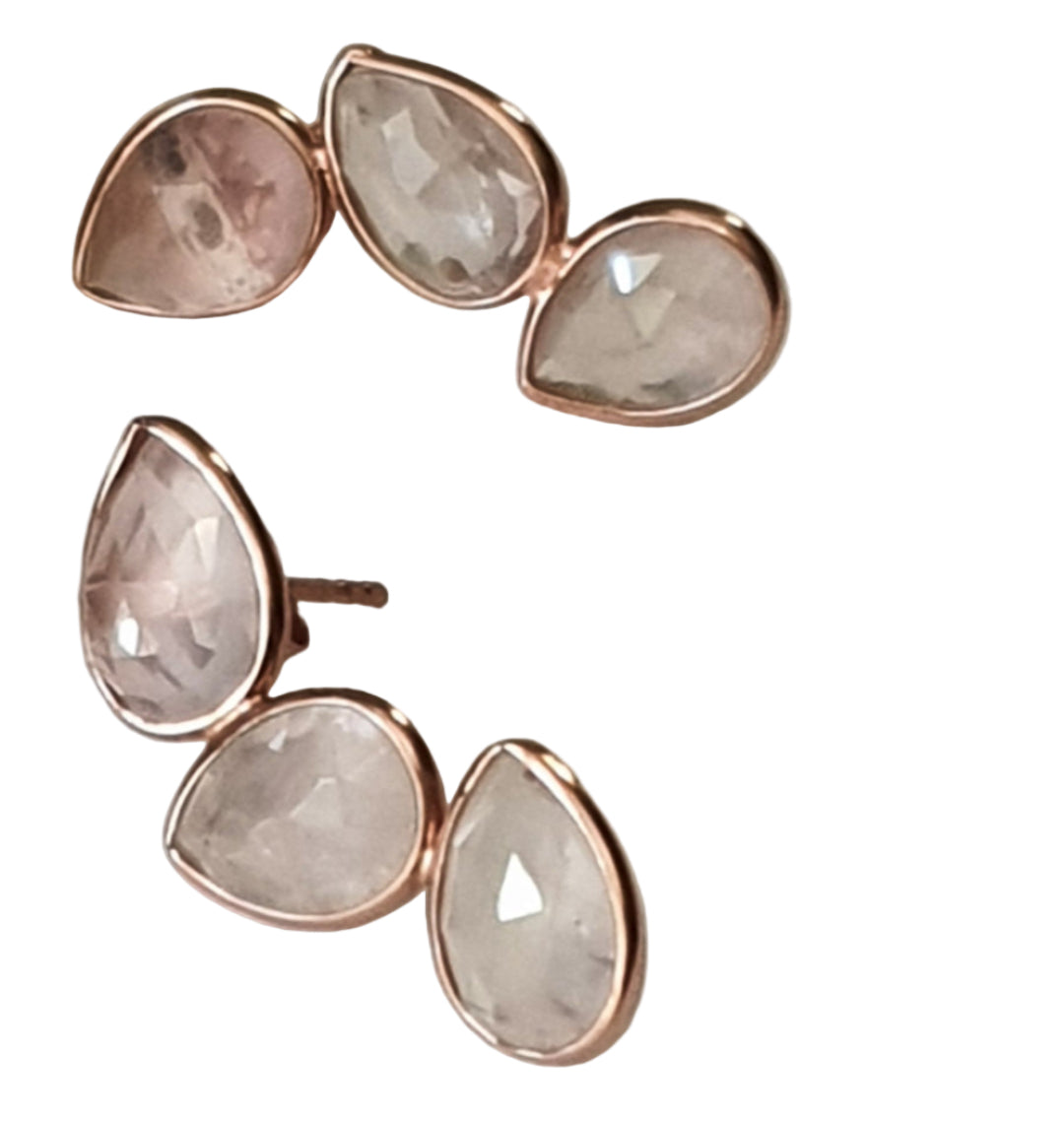 Rose quartz gemstone earrings in rose-gold plated 92.5 sterling silver, inspired by delicate lotus petals.