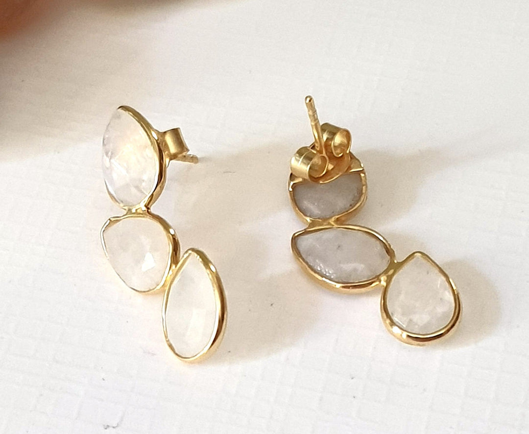 Back view of moonstone earrings in yellow-gold plated 92.5 sterling silver, showing the finish and earring backing design.
