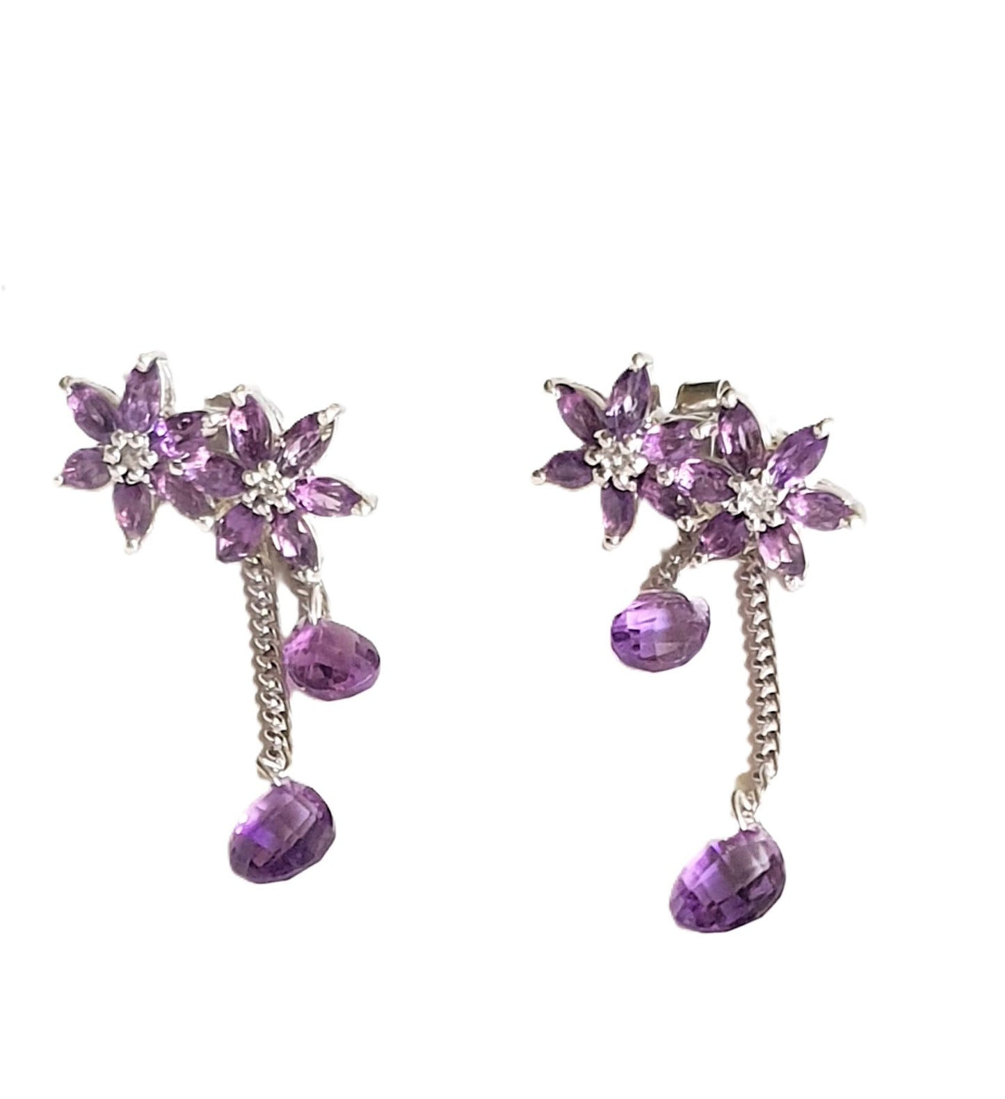Amethyst and cubic zirconia earrings in rhodium-finished 92.5 sterling silver, featuring a floral design with detachable amethyst drop dangles.