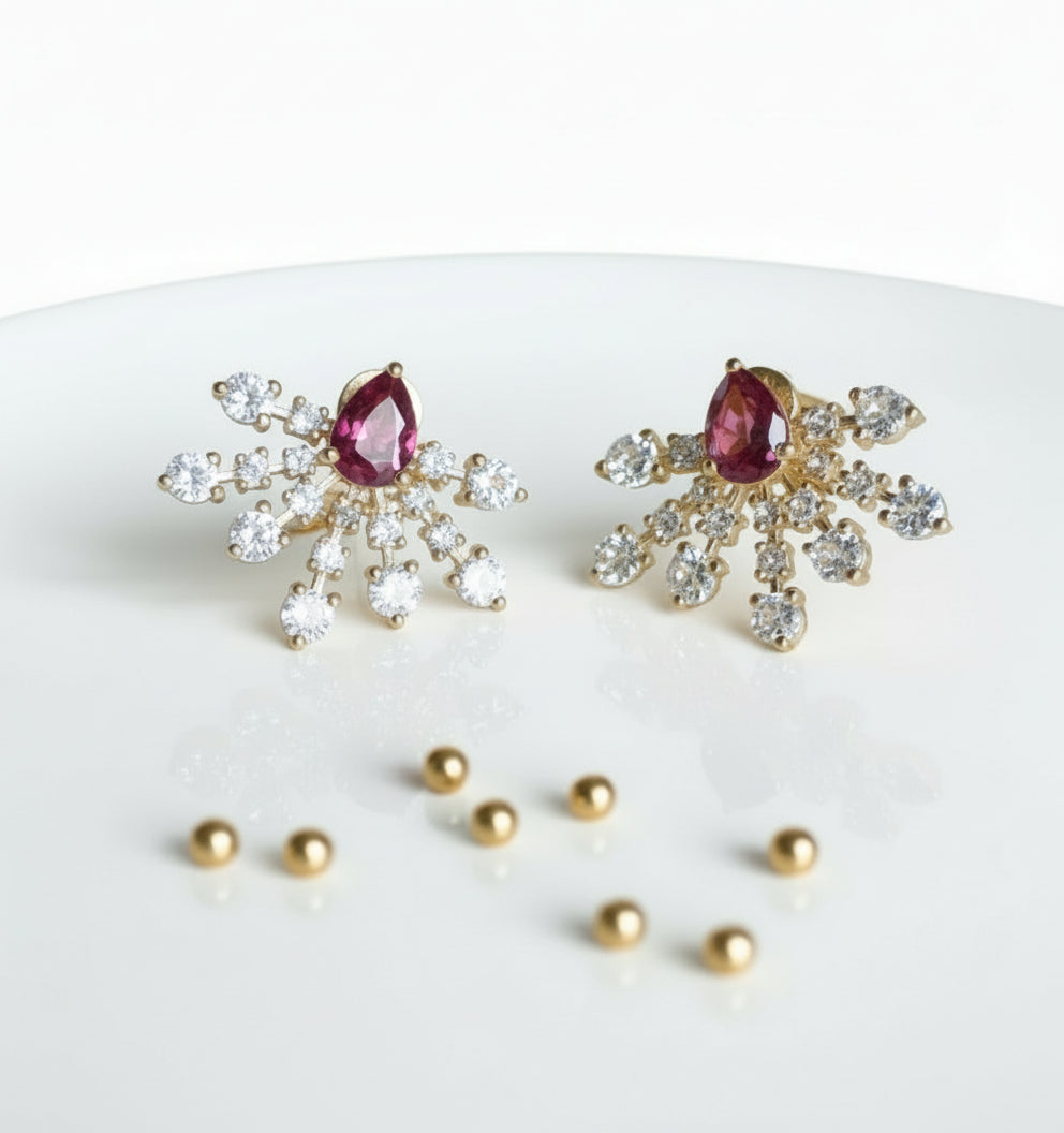 Pink topaz and white topaz gemstone earrings in yellow-gold plated 92.5 sterling silver, designed with radiant sunray-inspired detailing.