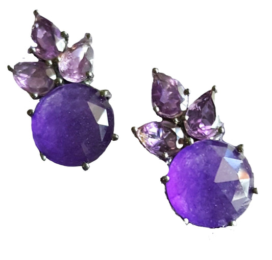 Amethyst and aventurine gemstone earrings in oxidized 92.5 sterling silver, featuring a refined purple elegance design.