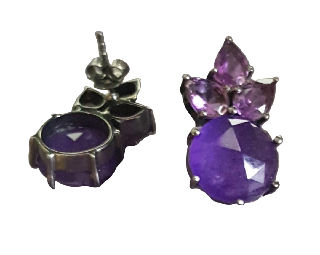 Back view of amethyst and aventurine earrings in oxidized 92.5 sterling silver, showing the polished backing and craftsmanship.