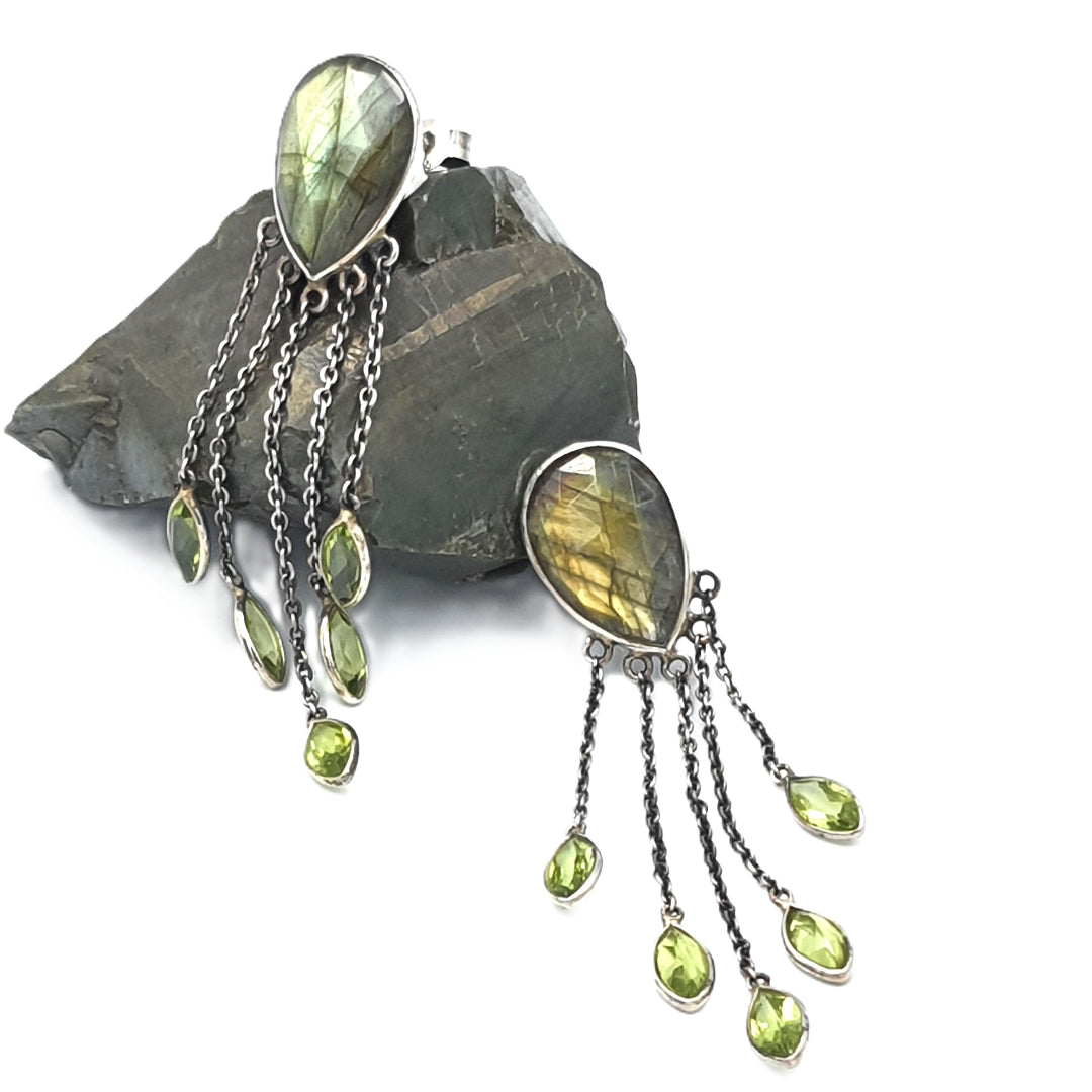 Labradorite and peridot gemstone earrings in 92.5 sterling silver, designed in an elegant mystic drop silhouette.