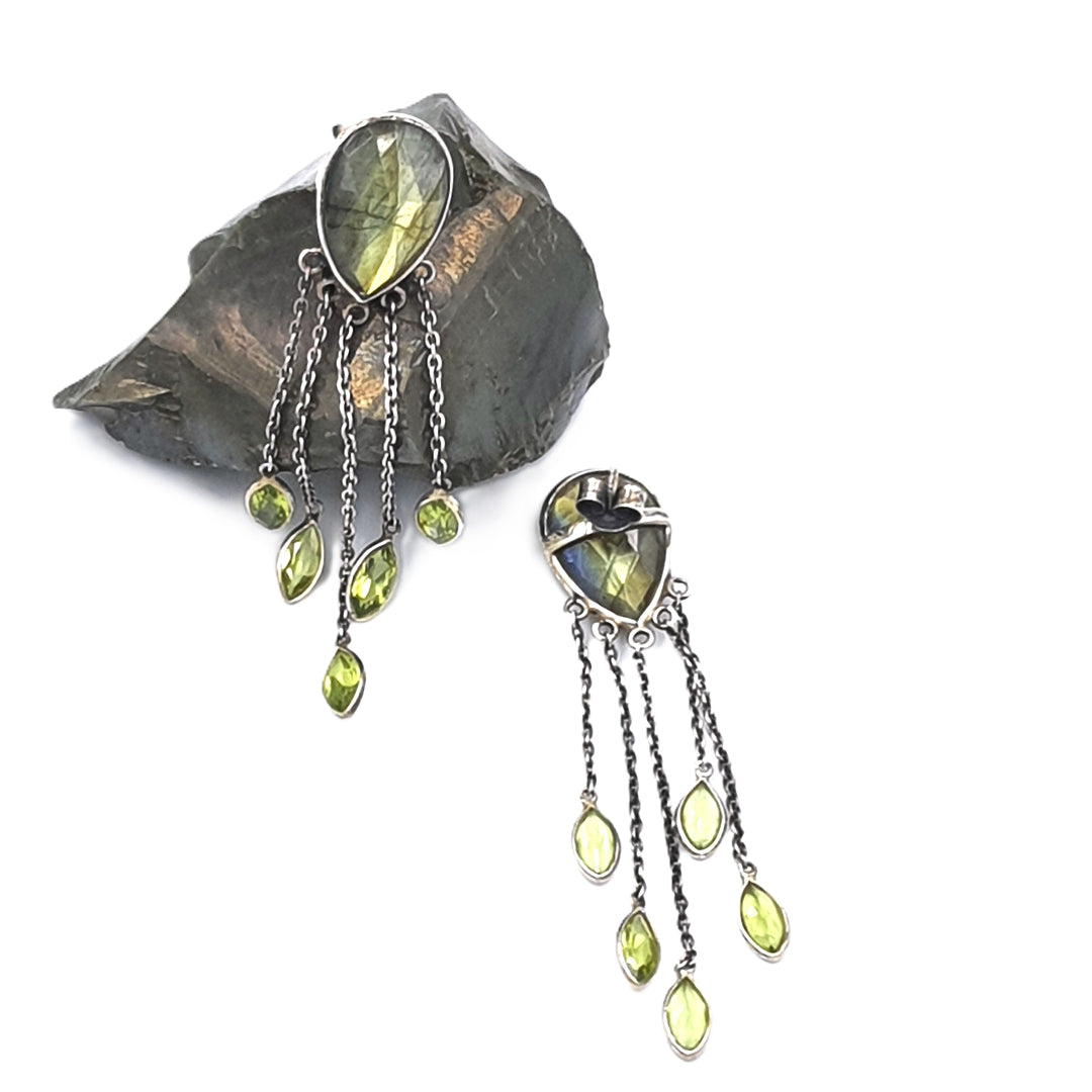 Back view of labradorite and peridot mystic drop earrings in 92.5 sterling silver, showing the polished finish and backing design.