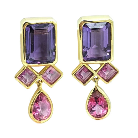 Elegant gold earrings with purple and pink gemstones, perfect for office or party wear