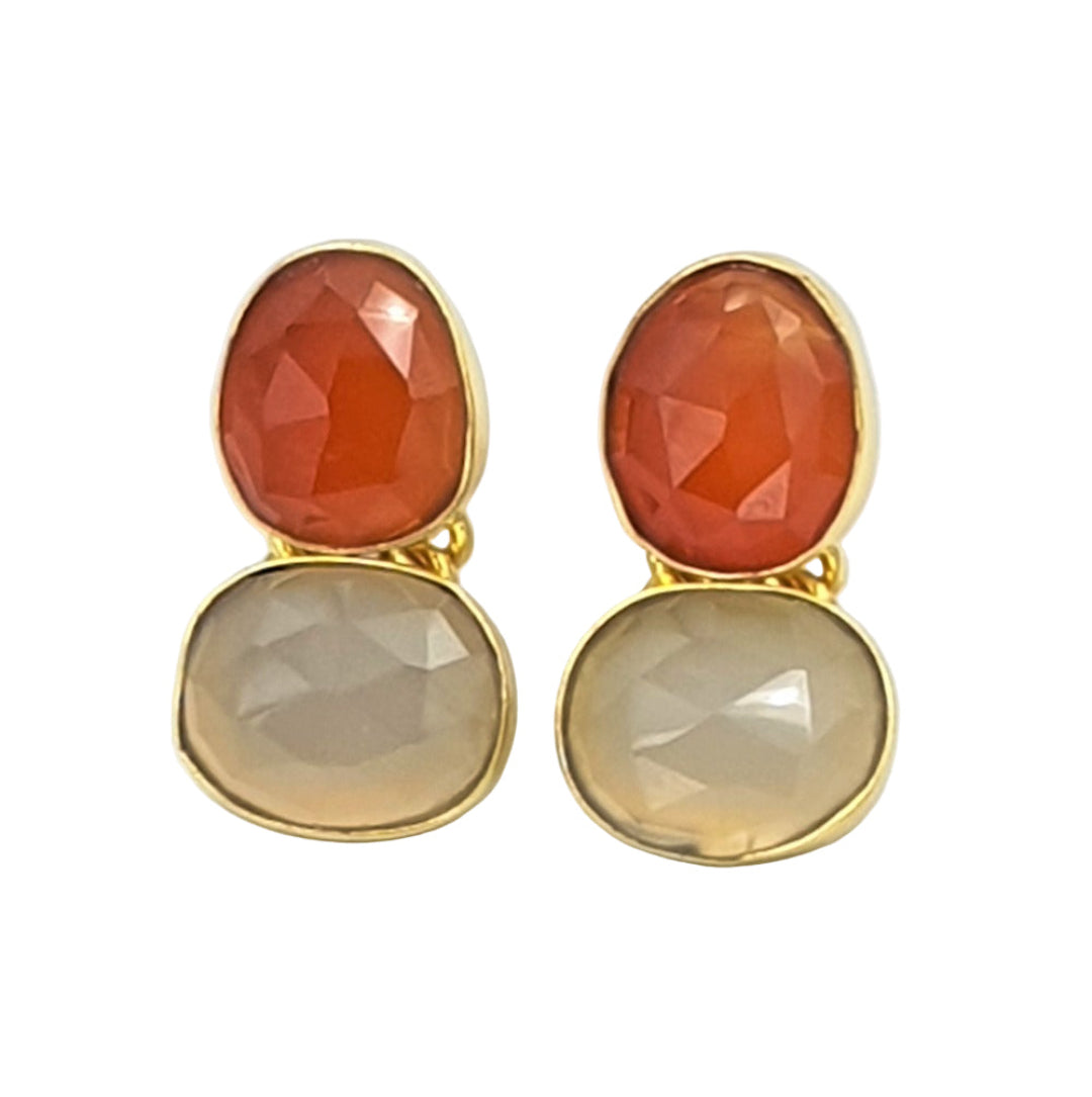Carnelian and gray chalcedony gemstone earrings in yellow-gold plated 92.5 sterling silver, featuring an earthy, rustic-inspired design.