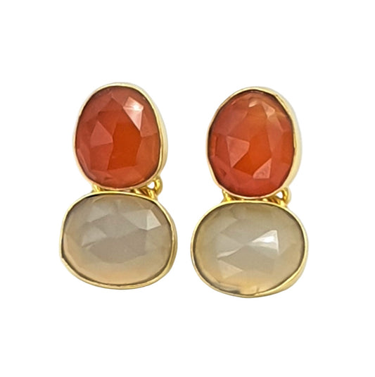 Carnelian and gray chalcedony gemstone earrings in yellow-gold plated 92.5 sterling silver, featuring an earthy, rustic-inspired design.