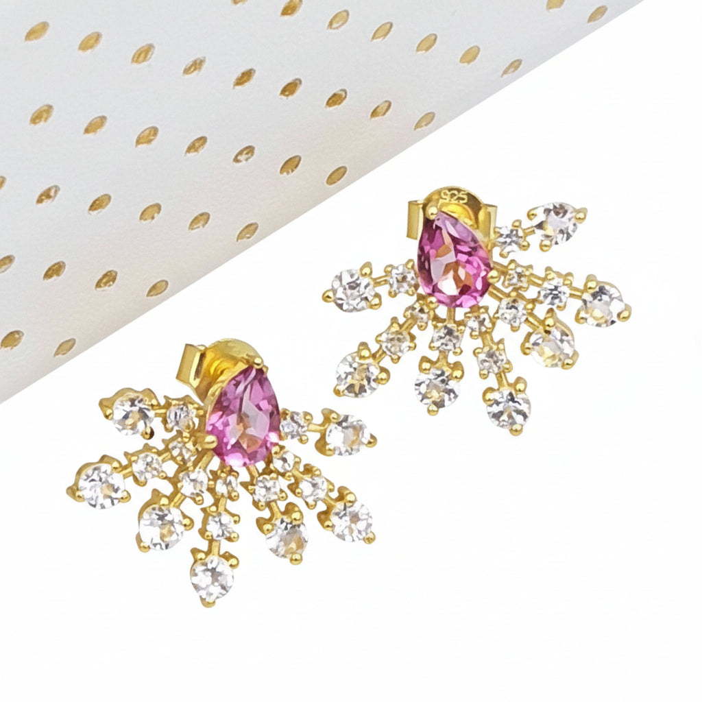 Pink topaz and white topaz gemstone earrings in yellow-gold plated 92.5 sterling silver, designed with radiant sunray-inspired detailing.