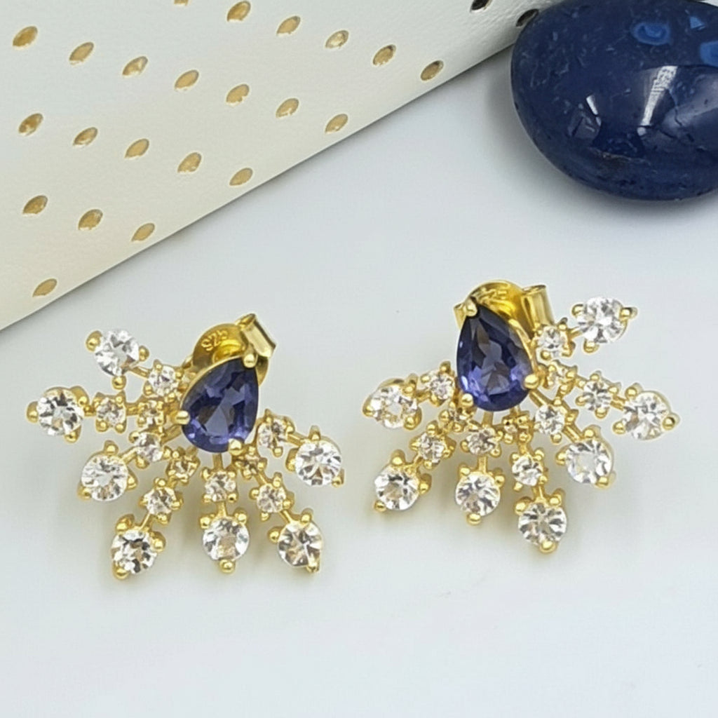 Iolite and White topaz silver 925 gold plated earrings 