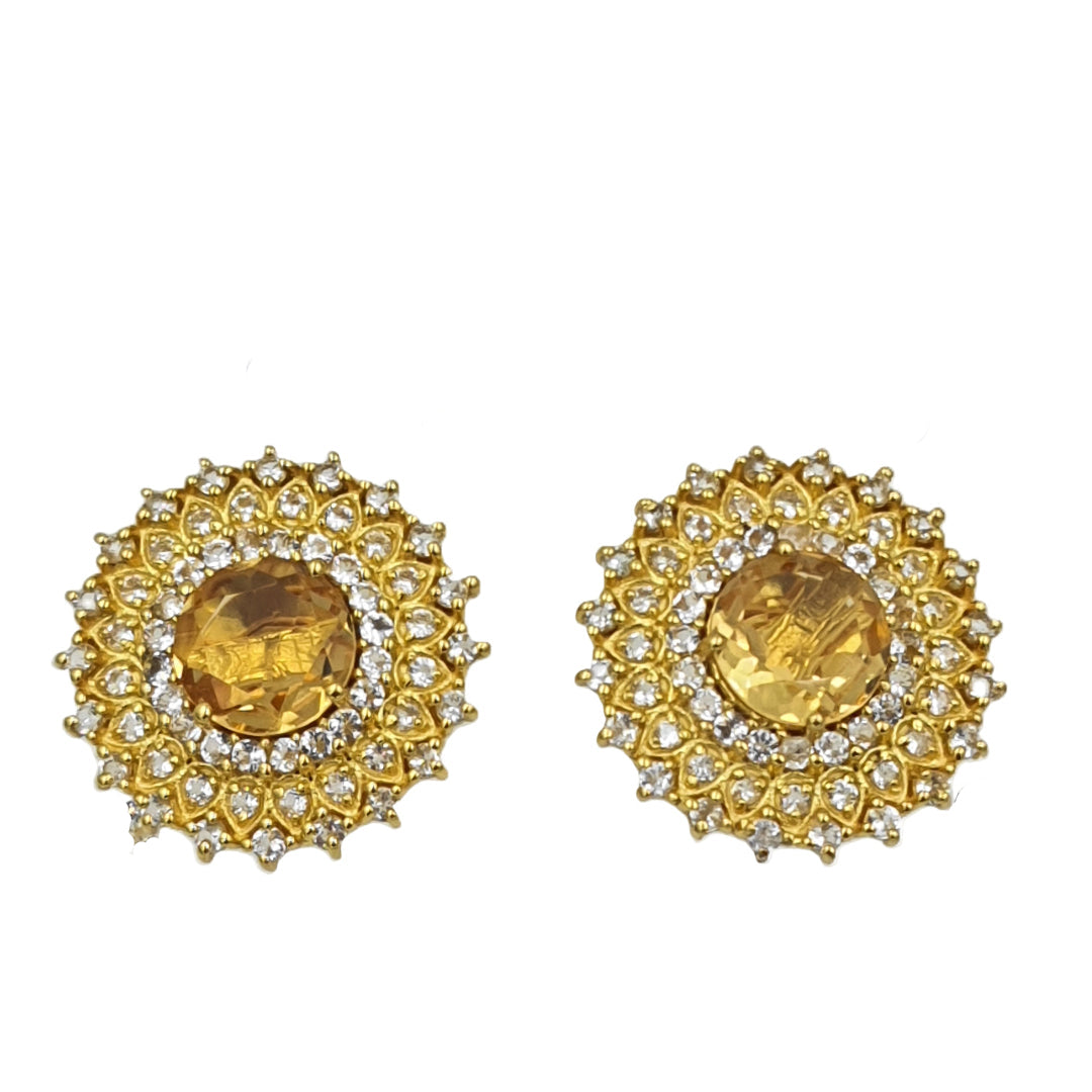 Citrine and white topaz gemstone earrings in 92.5 sterling silver with gold plating, featuring a radiant sun-inspired design.
