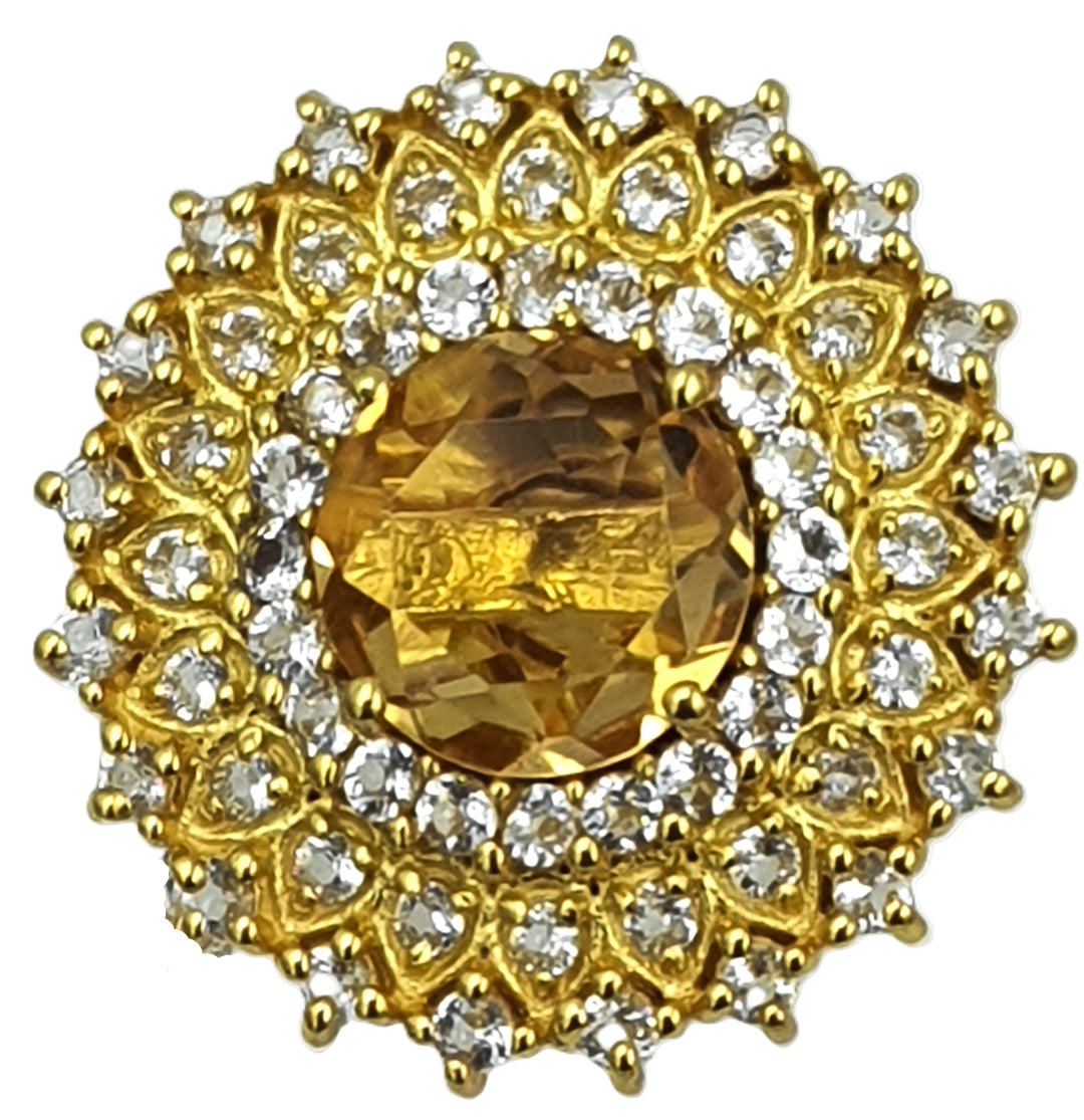 Close-up of citrine and white topaz earrings in gold-plated 92.5 sterling silver, showcasing the warm golden glow and sparkling details.