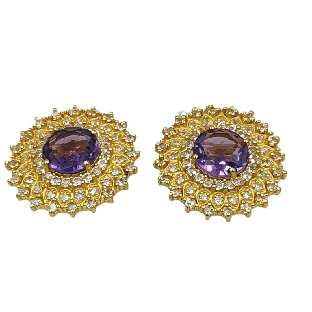 Amethyst and white topaz gemstone earrings in 92.5 sterling silver with gold plating, featuring a cosmic-inspired starry design.
