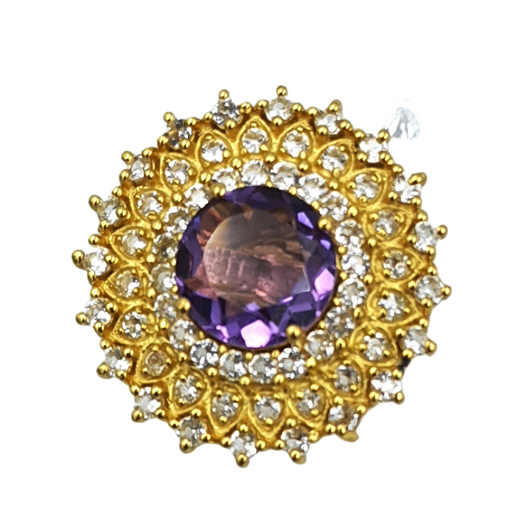 Close-up of amethyst and white topaz earrings in gold-plated 92.5 sterling silver, showcasing the intricate starry details and violet brilliance.