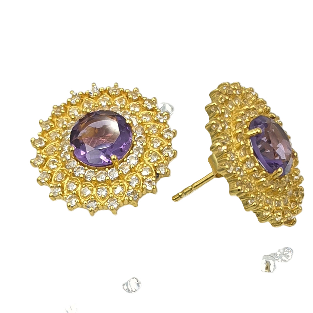 Side view of gold-plated 92.5 sterling silver earrings with amethyst and white topaz stones, highlighting the dimensional cosmic motif.