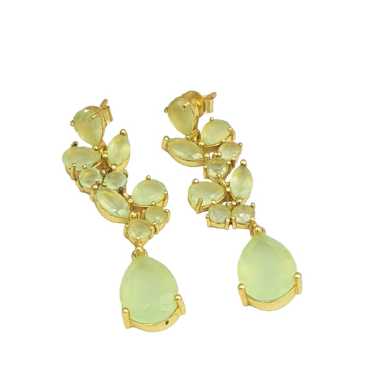 Prehnite chalcedony gemstone earrings in gold-plated 92.5 sterling silver, featuring soft green hues inspired by fresh spring leaves.