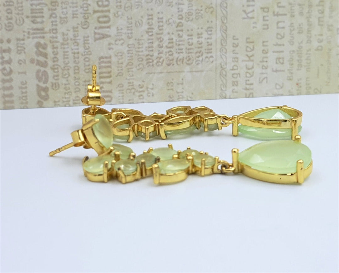 Back view of prehnite chalcedony earrings in gold-plated 92.5 sterling silver, showing the polished finish and backing design.