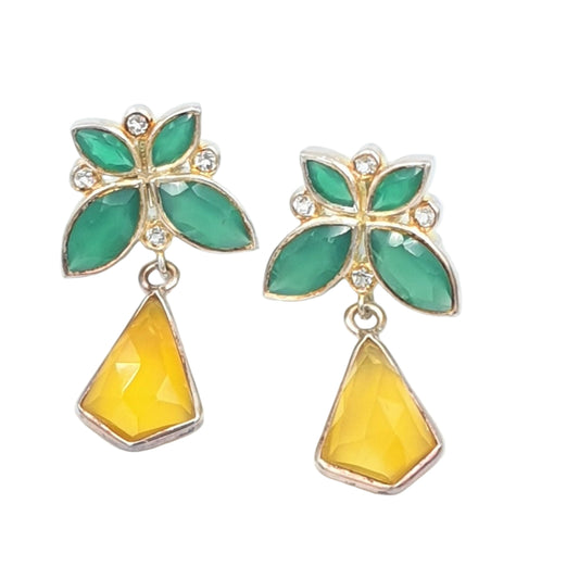 A pair of sterling silver earrings with green onyx, white topaz, and yellow chalcedony gemstones, designed in the shape of a mango grove with a silver finish.