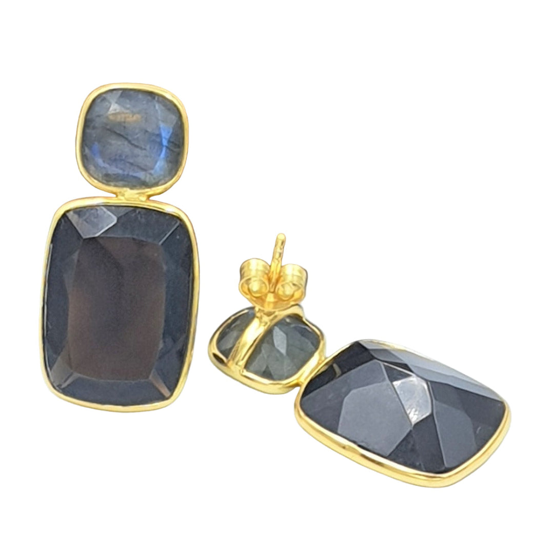 Back view of smoky quartz and labradorite earrings in gold-plated 92.5 sterling silver, showing the polished backing and craftsmanship.