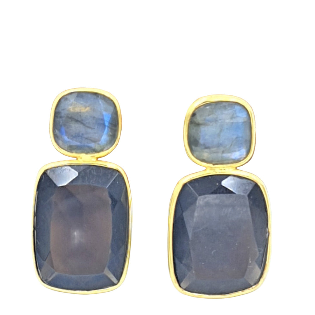 Smoky quartz and labradorite gemstone earrings in gold-plated 92.5 sterling silver, featuring an elegant octagonal design inspired by earth and sky.