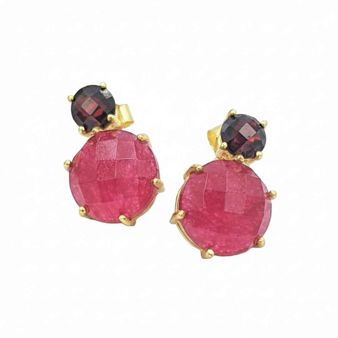 Red aventurine and garnet gemstone earrings in gold-plated 92.5 sterling silver, designed with a bold, passionate elegance.