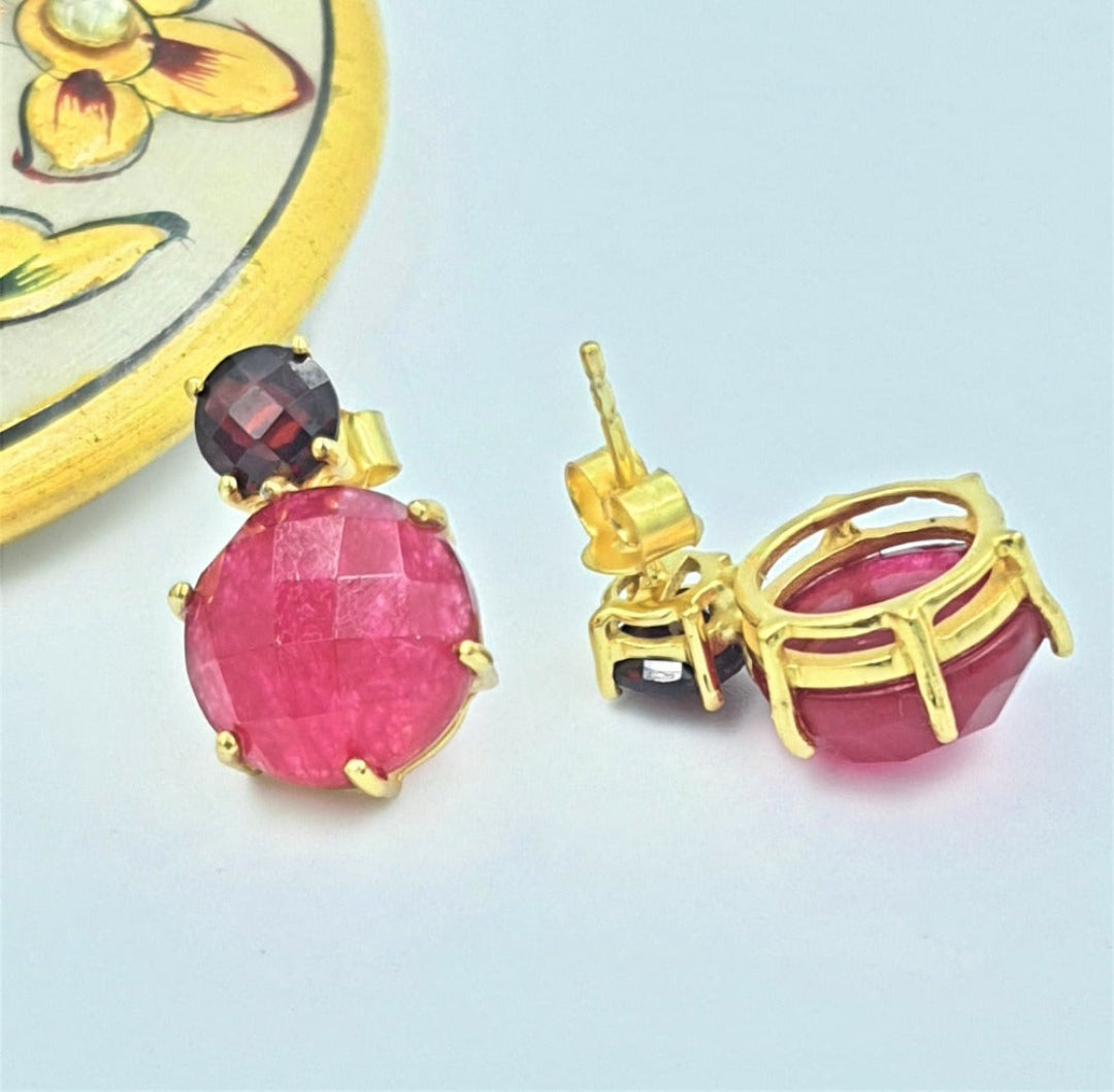 Back view of red aventurine and garnet earrings in gold-plated 92.5 sterling silver, showing the polished backing and craftsmanship.