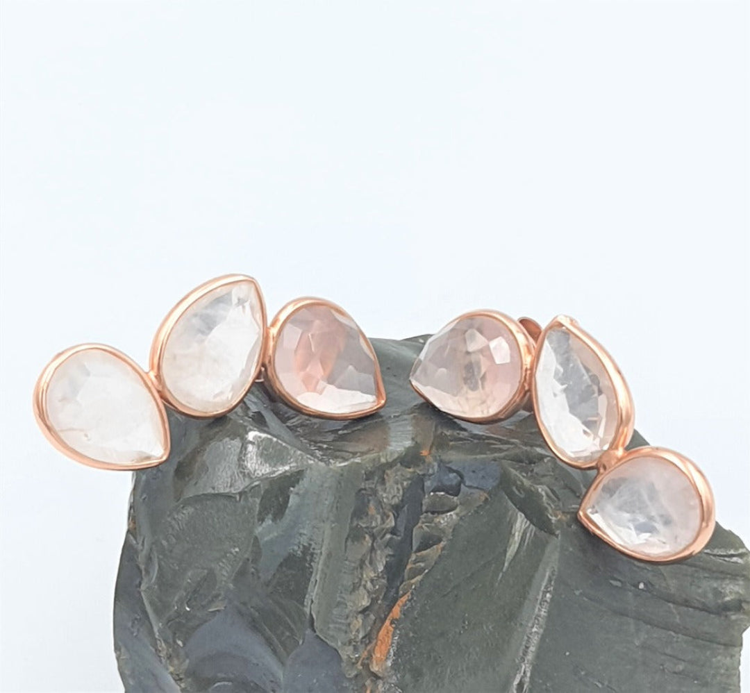 Rose-gold plated 92.5 sterling silver earrings with rose quartz stones, showcasing their soft pink glow and elegant design.