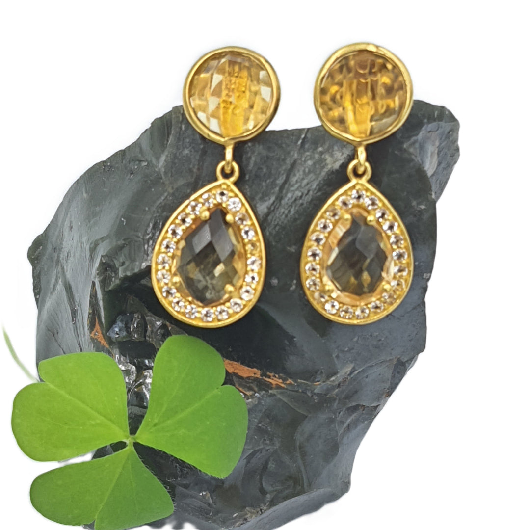 Citrine and white topaz earrings in yellow-gold plated 92.5 sterling silver, featuring a radiant yellow glow and elegant design.