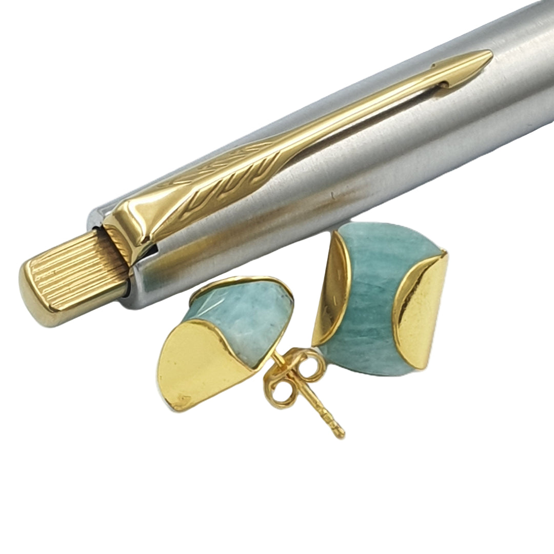 Side view of amazonite gemstone stud earrings with yellow-gold plating, highlighting their sleek, structured blazer-style design.
