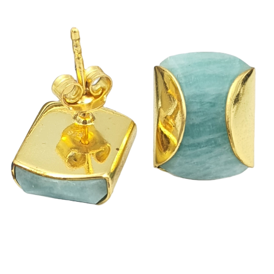Back view of amazonite stud earrings in yellow-gold plated 92.5 sterling silver, showing the backing and polished finish.