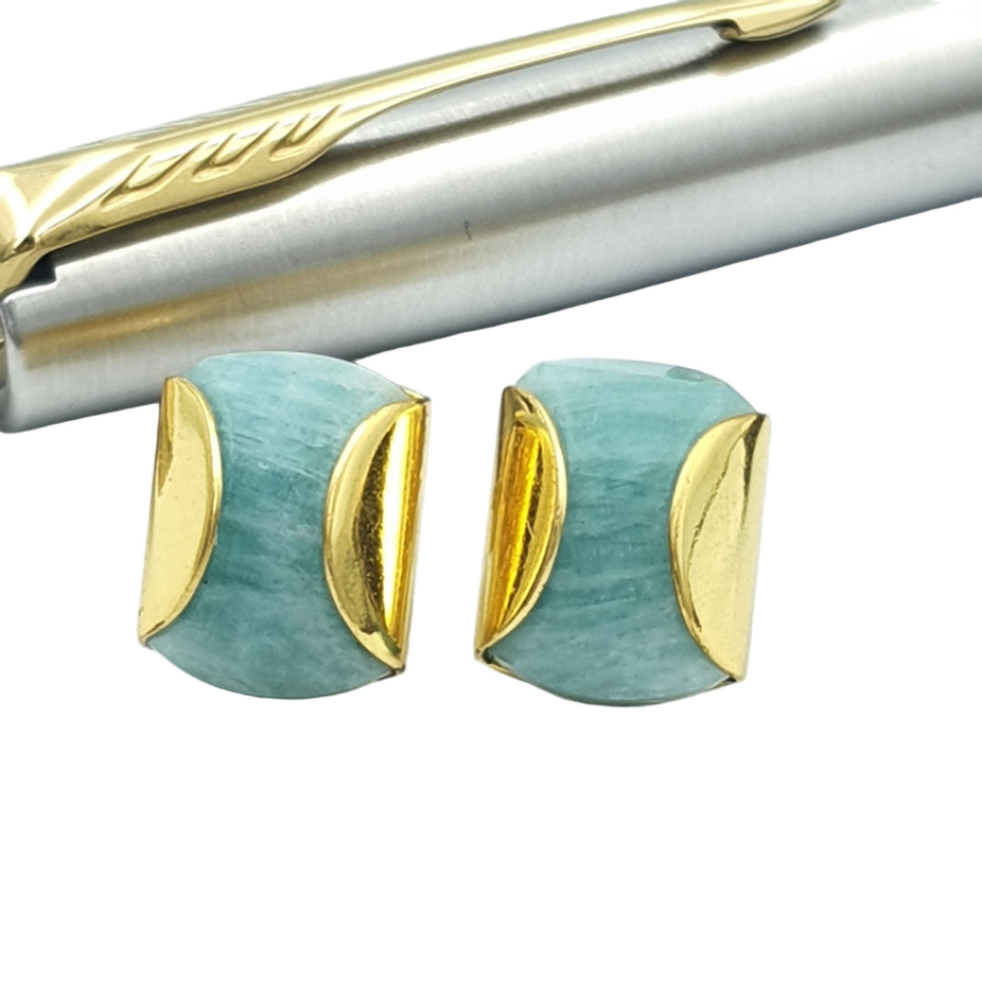 Amazonite gemstone stud earrings in 92.5 sterling silver with yellow-gold plating, featuring a sleek blazer-inspired design.