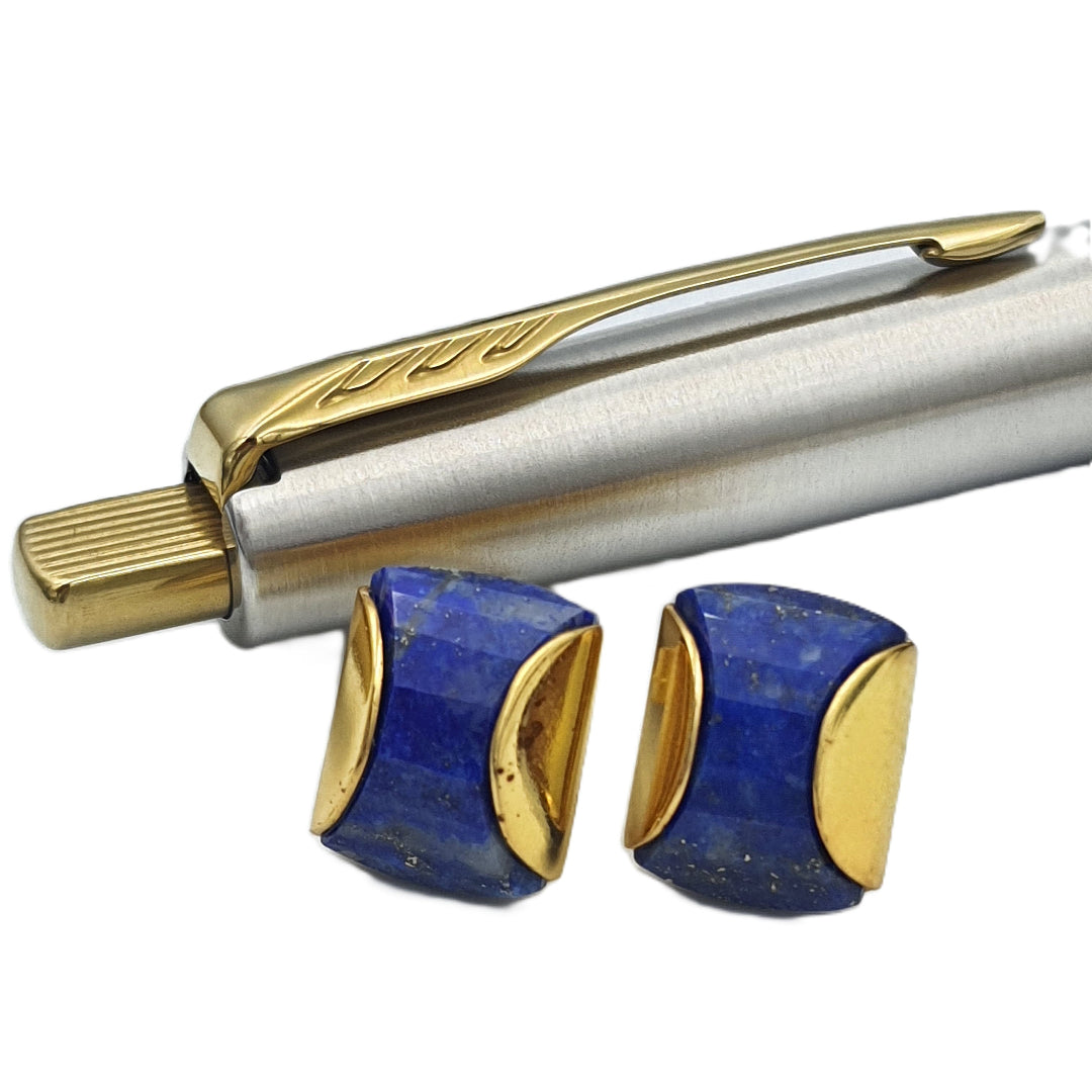 Lapis lazuli gemstone stud earrings in yellow-gold plated 92.5 sterling silver, featuring a sleek blazer-inspired design.