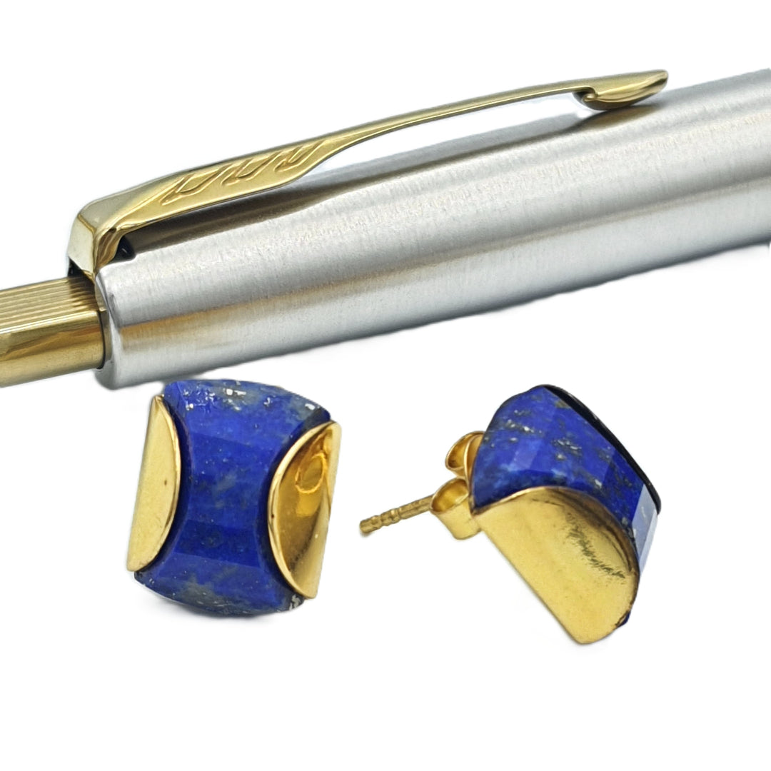 Side view of lapis lazuli stud earrings in yellow-gold plated 92.5 sterling silver, showing their structured blazer-style form.