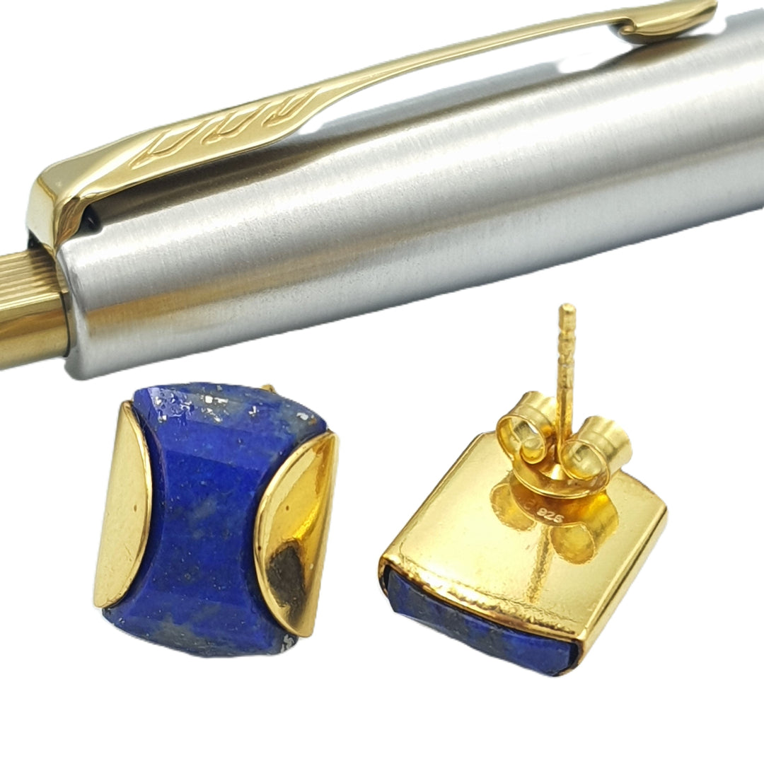 Back view of lapis lazuli stud earrings in yellow-gold plated 92.5 sterling silver, showing the polished finish and earring backing.