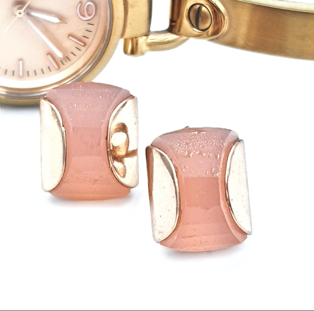 Rose chalcedony stud earrings in rose-gold plated 92.5 sterling silver, featuring a sleek blazer-inspired design.