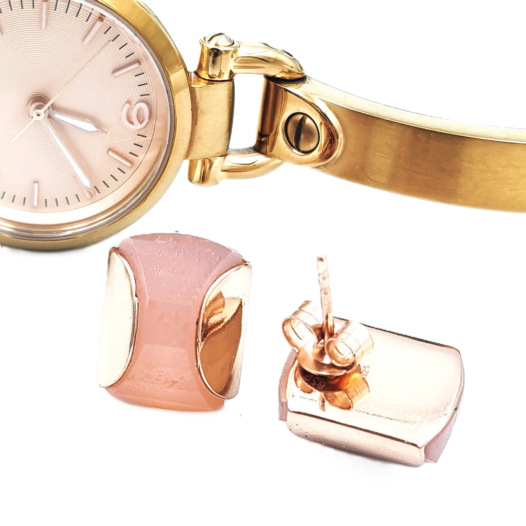 Back view of rose chalcedony stud earrings in rose-gold plated 92.5 sterling silver, showing the polished backing and finish.