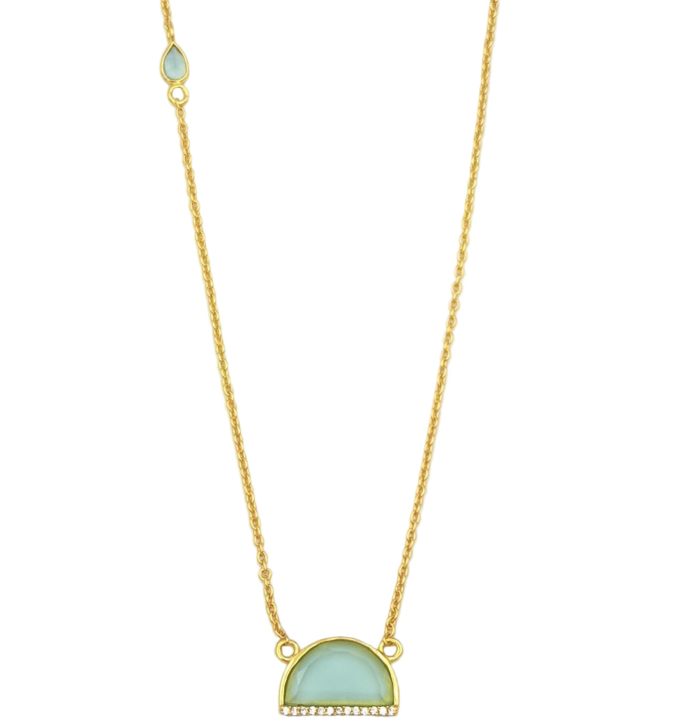 Aqua chalcedony and cubic zirconia necklace in gold-plated 92.5 sterling silver, featuring a soothing contemporary design with an asymmetrical drop.