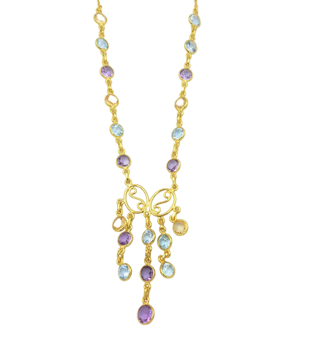 Gold-plated 92.5 sterling silver necklace with amethyst, blue topaz, and citrine gemstones, showcasing its elegant and vibrant look.