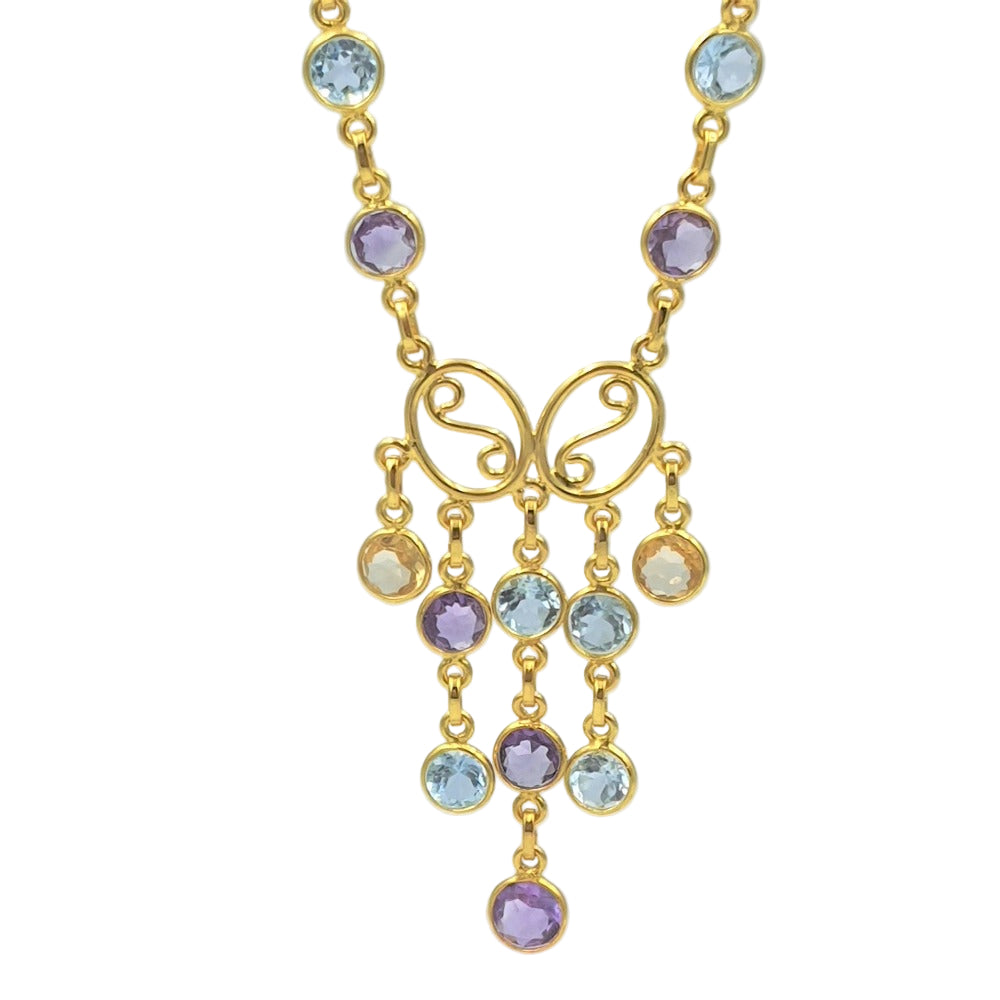 Detailed close-up of amethyst, blue topaz, and citrine stones set in gold-plated 92.5 sterling silver, highlighting the fine craftsmanship.