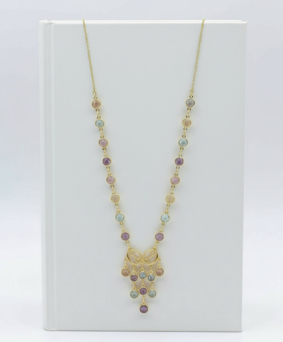 Tricolor amethyst, blue topaz, and citrine necklace in gold-plated 92.5 sterling silver, featuring a harmonious multicolor design.