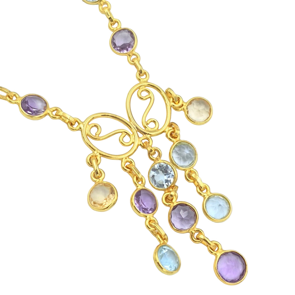 Close-up of tricolor amethyst, blue topaz, and citrine necklace in gold-plated 92.5 sterling silver, showcasing the vibrant gemstones.