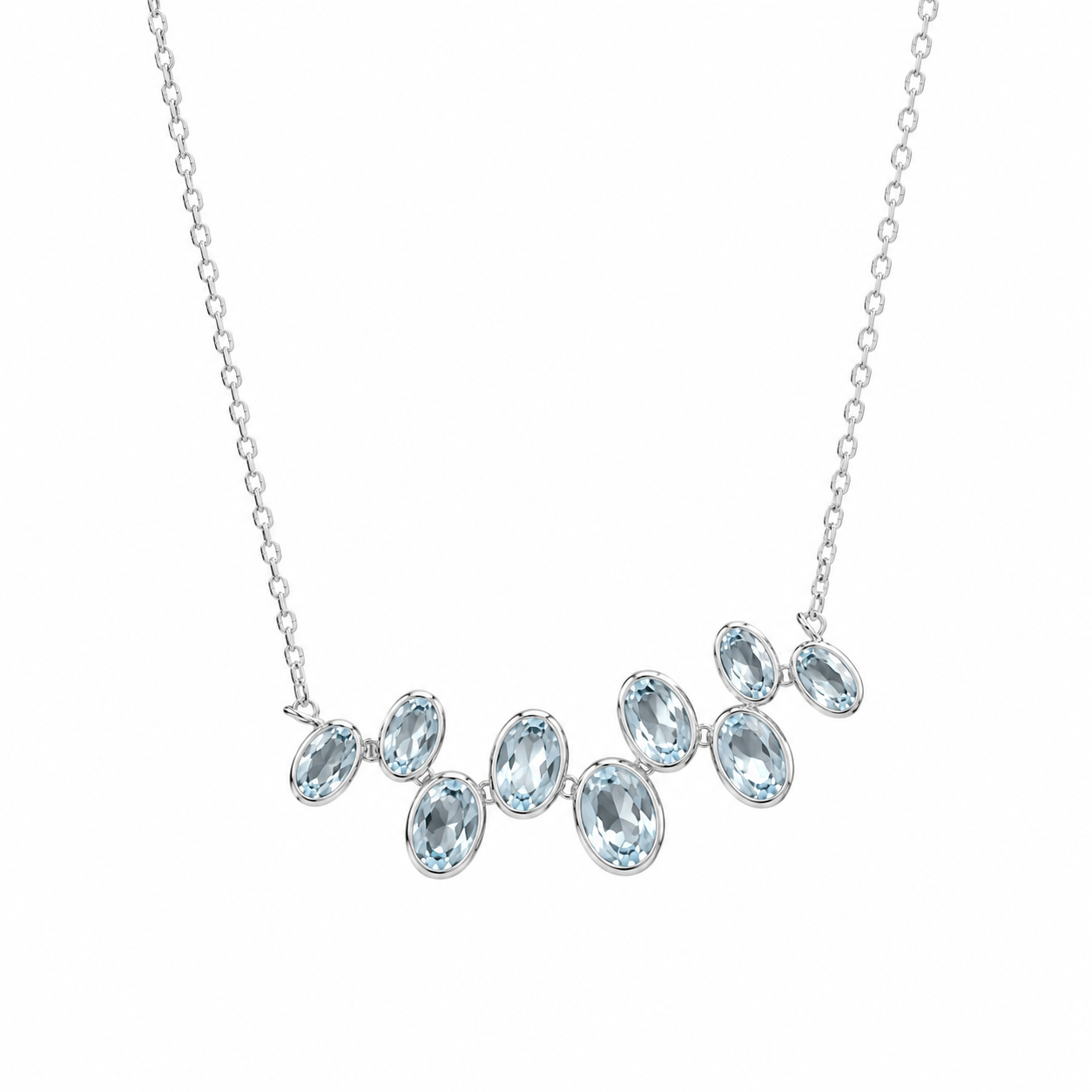 Close-up of Blue Lagoons necklace featuring Blue Topaz gemstones set in 92.5 sterling silver.