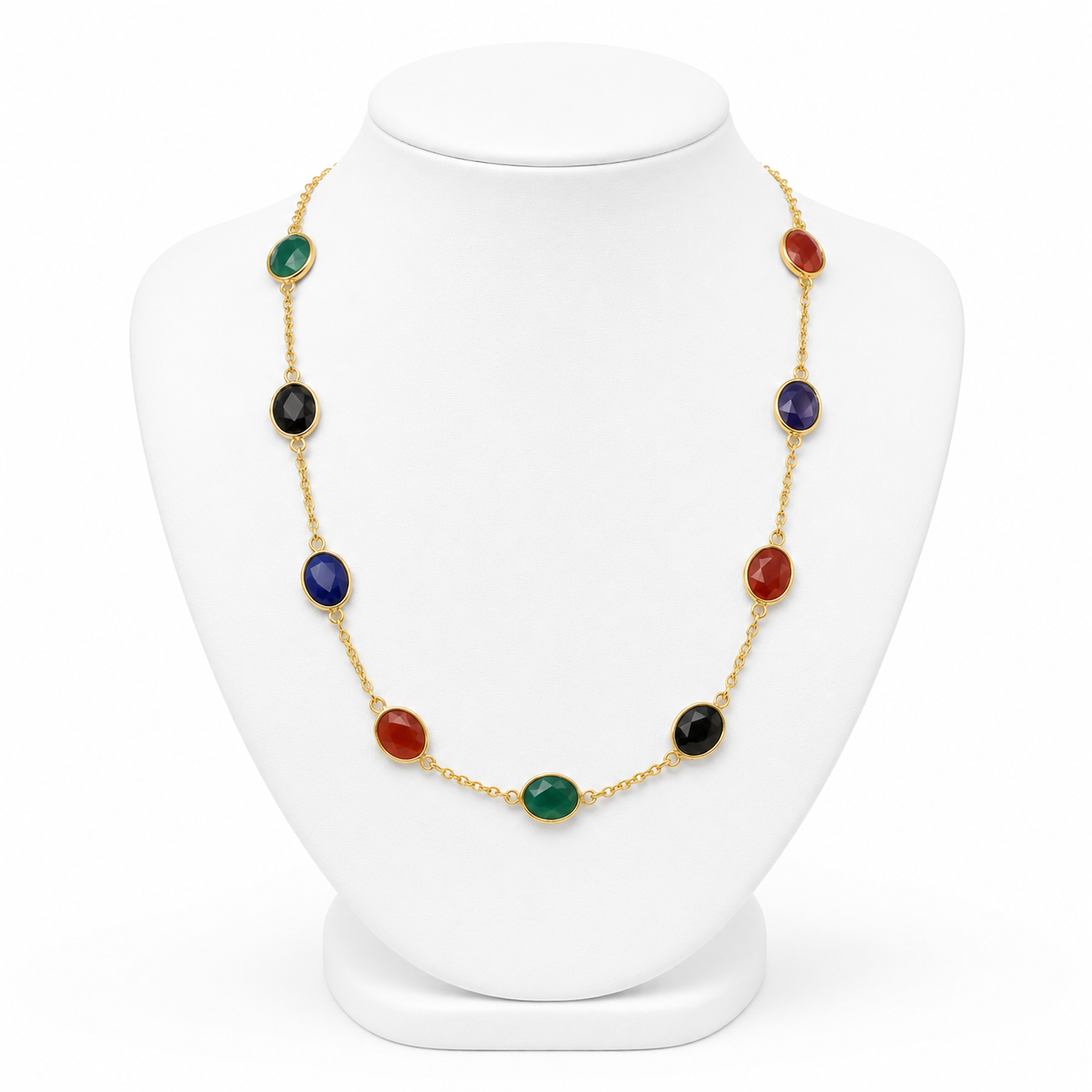 Multi colour Green Onyx, Red Onyx, Black Onyx and Lapis Lazuli necklace in gold-finish 92.5 sterling silver, displayed on white bust.