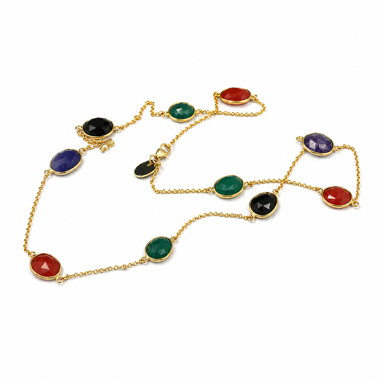 Gold-finish 92.5 sterling silver necklace with Green Onyx, Red Onyx, Black Onyx and Lapis Lazuli gemstones, flat-lay product view.