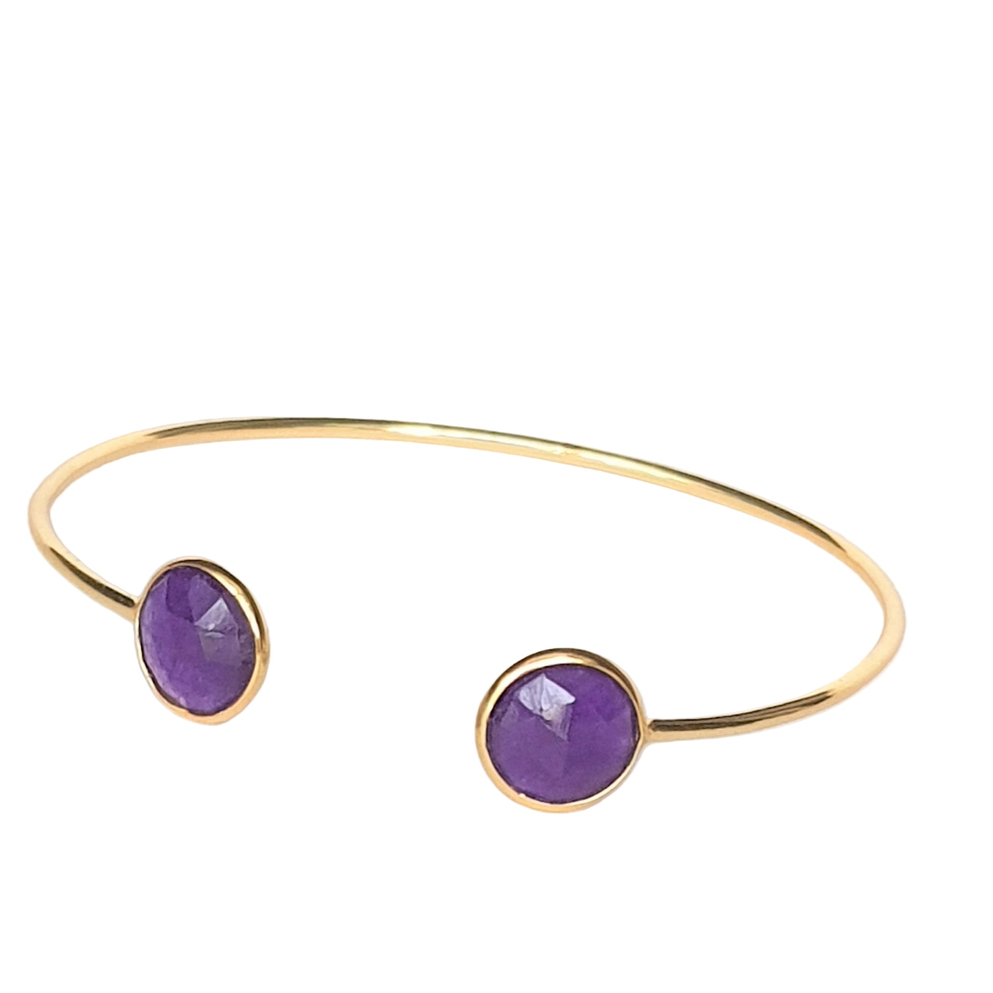 A gold-plated 925 sterling silver cuff bracelet featuring two round Purple Aventurine stones on opposite ends.