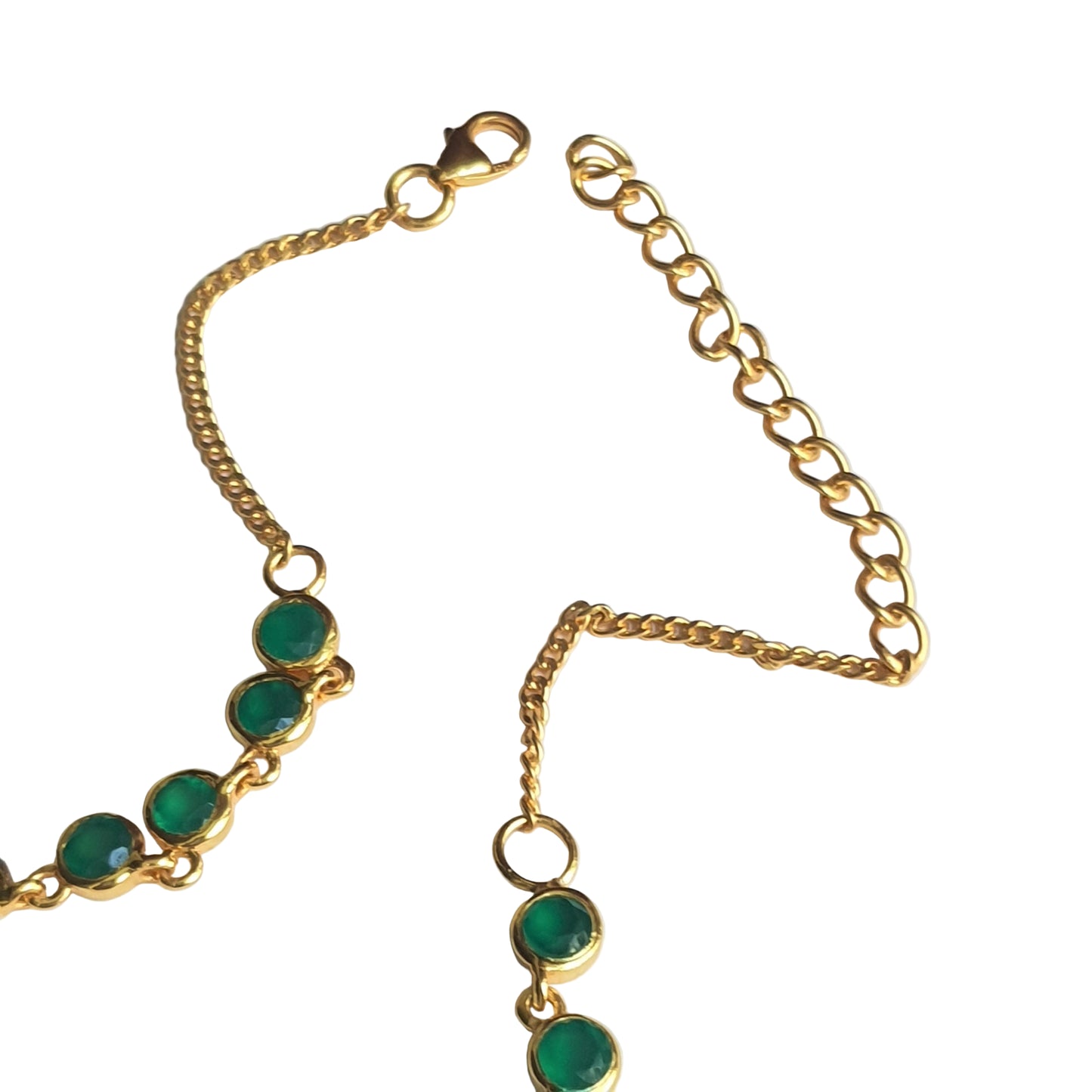 Clasp view of gold-plated 92.5 sterling silver green onyx necklace, showing the chain extender and finishing details.