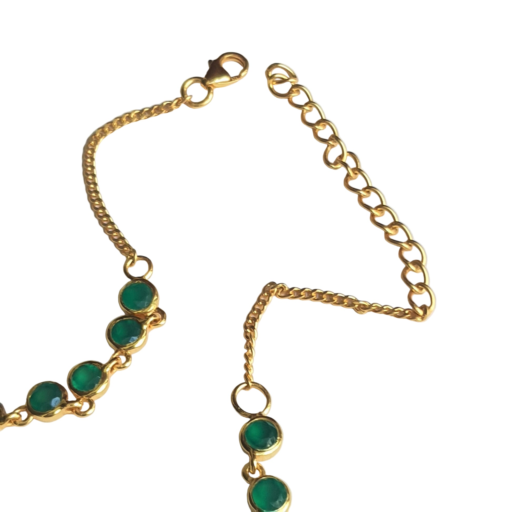 Clasp view of gold-plated 92.5 sterling silver green onyx necklace, showing the chain extender and finishing details.