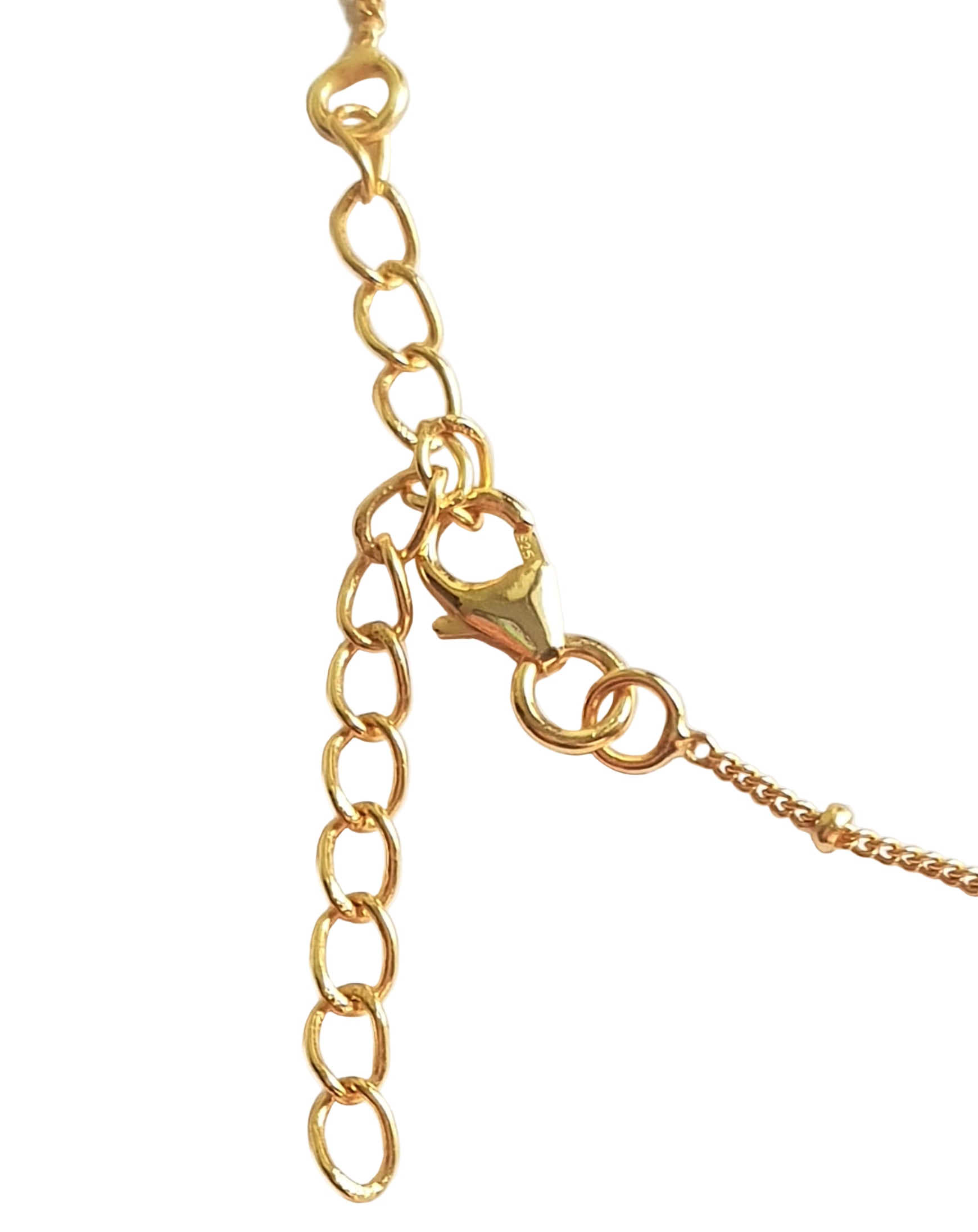 Clasp view of the gold-plated 92.5 sterling silver green onyx chain, showing the extender and finishing details.